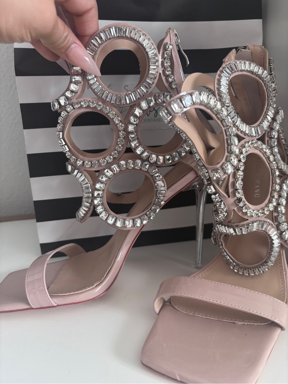 Crystal-Embellished Pink Stiletto Sandals